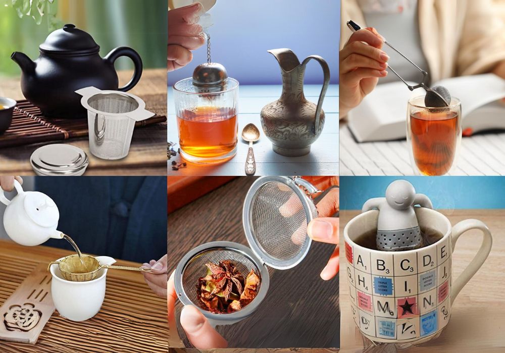 Seis imagens, cada uma com um tipo de infusor de chá diferente.