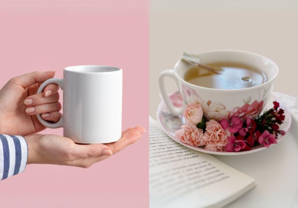 Duas imagens, uma com uma caneca branca e a outra com uma xícara de porcelana florida.
