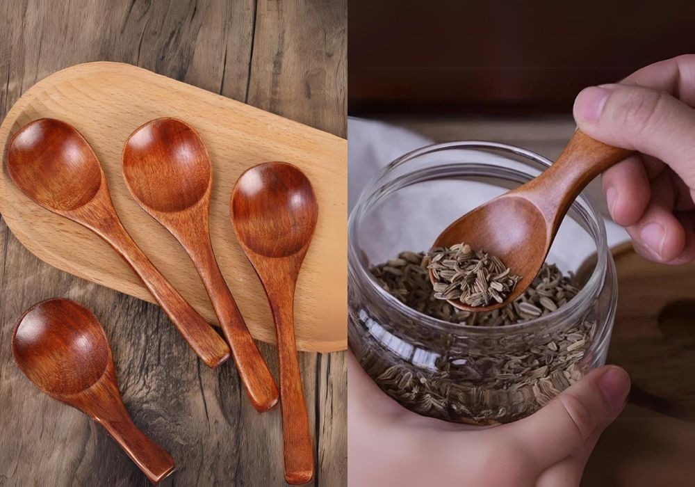 Duas imagens com colheres de bambu.